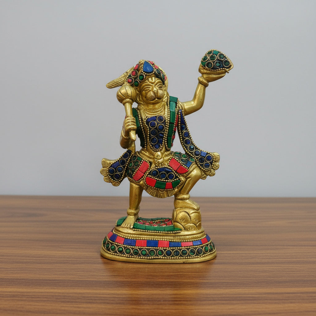 brass with stonework hanuman holding parvat statue for temple décor